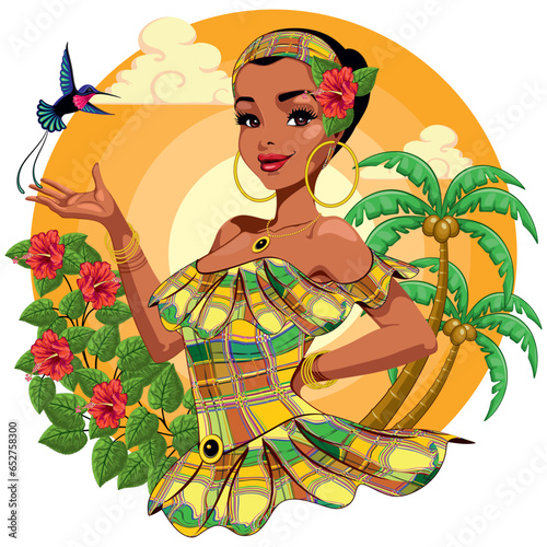 Caribbean girl wearing Traditional Dress with Beautiful Hummingbird and Hibiscuses Flowers Vector Illustration (ID: 652758300)