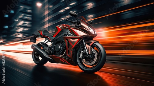EBR racing motorcycle with abstract long exposure dynamic speed light trails in an urban environment city, nopeople autor riding, Generative AI © khwanchai