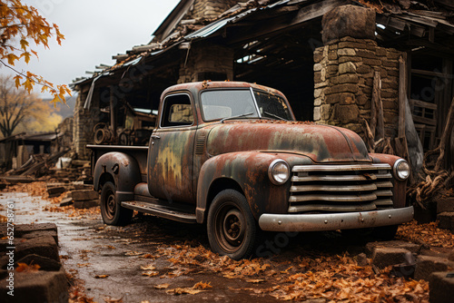  Weathered vintage pickup truck in a rustic farm setting, Generative AI