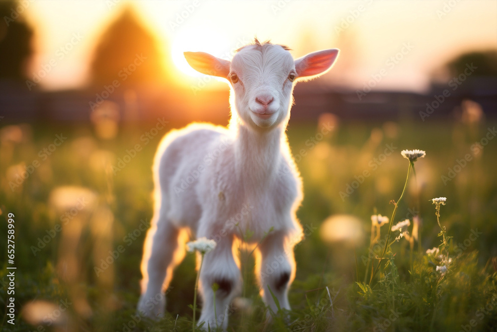 Obraz premium Sun rural domestic cute animals grass green sunset baby landscape goat summer farming