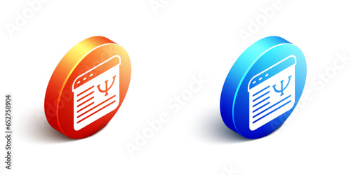 Isometric Online psychological counseling distance icon isolated on white background. Psychotherapy, psychological help, psychiatrist online consulting. Orange and blue circle button. Vector
