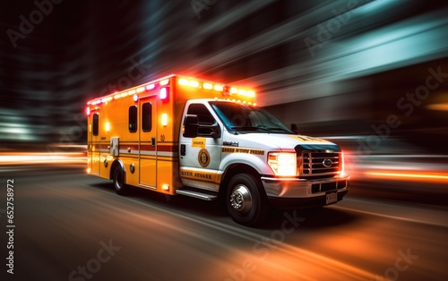 Blurred motion action view of an ambulance responding to the scene of an emergency. Generative AI