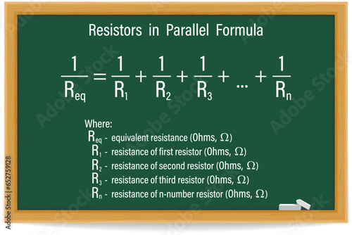 Resistors in Parallel Formula on a green chalkboard. Education. Science. Formula. Vector illustration.