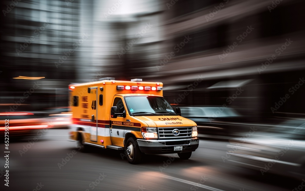 Blurred motion action view of an ambulance responding to the scene of an emergency. Generative AI
