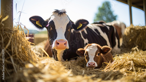 Cow and newborn calf lying in straw at cattle farm. Domestic animals husbandry and reproduction. photo