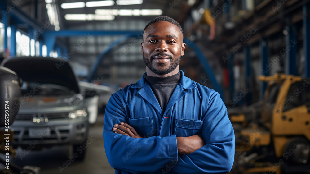 Obraz premium African descent mechanic working in auto repair shop. Generative AI