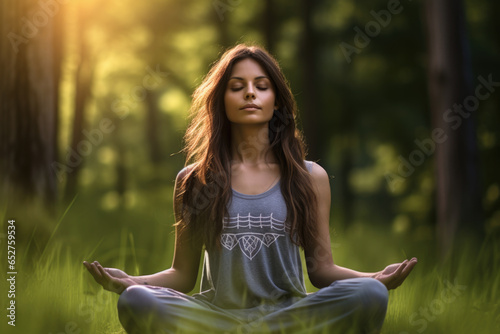 Beautiful young woman with long wavy hair practicing yoga in green nature