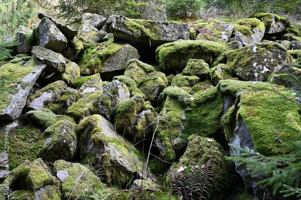 Closeup shot of a heap of mossy green rocks