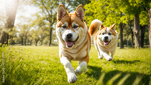 Dog Akita Inu breed, close-up, runs through the park