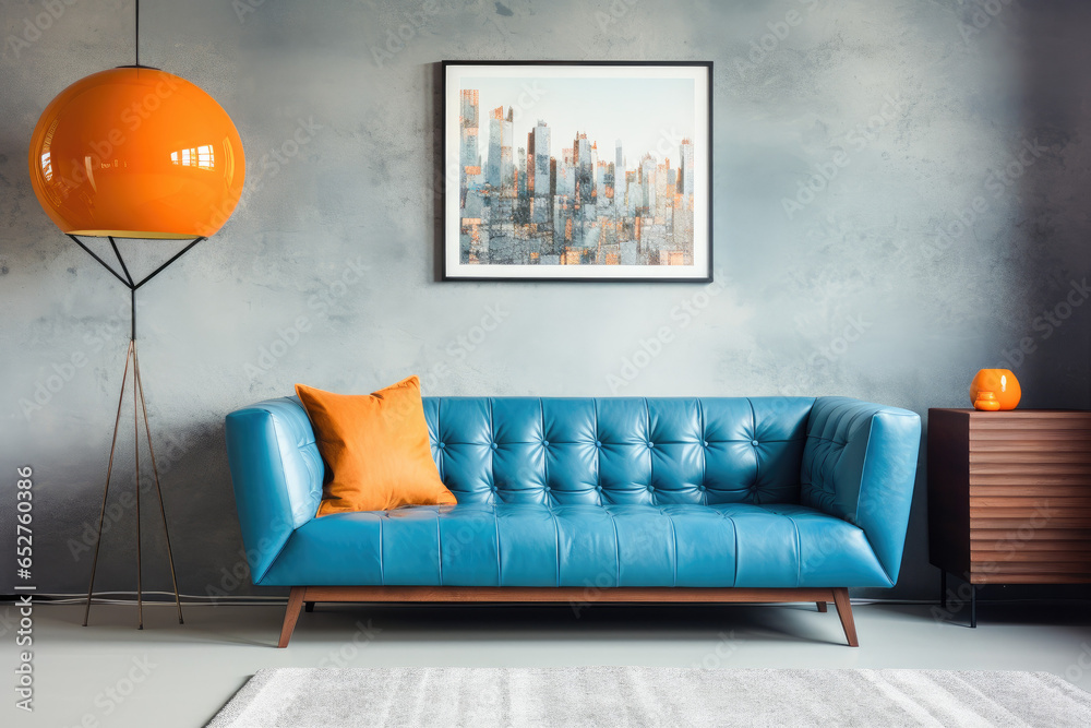 Mid-century modern design with a large blue sofa with cushions and a