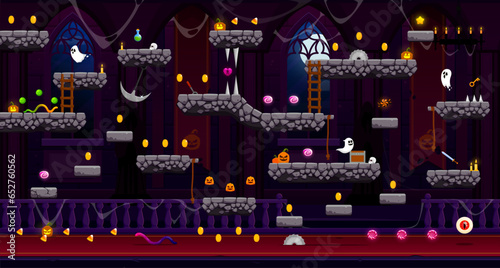 Arcade Medieval Halloween castle, game level map interface with vector stone platforms and golden coins on stairs. Ghosts, sweets and pumpkins in castle background with Halloween monsters and bonuses