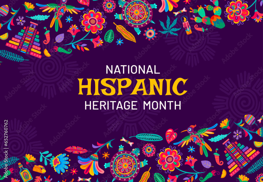 National hispanic heritage month banner with alebrije pattern. Vector festive background for annual hispanic traditional event with tropical flowers, birds or pyramid, bones, jalapeno and cacti plants