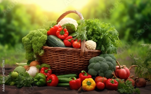 Fresh vegetables in big basket in field green plants. Generative AI