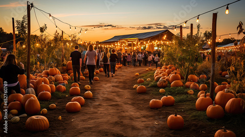 pumpkins on a pumpkin patch farm autumn fall festival with lights  photo