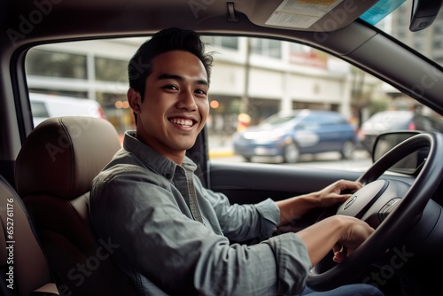 Smiling Young Southeast Asian Man Behind the Wheel of a Car. Generative AI © Dangubic