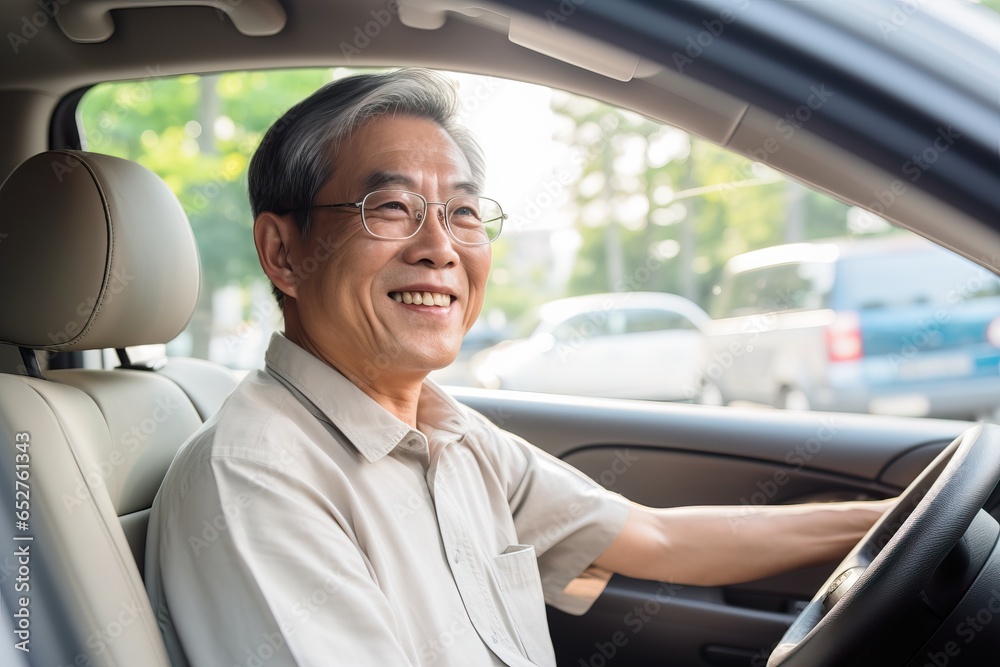 Smiling Asian Man Behind the Wheel of a Car. Generative AI Smiling Asian Man Behind the Wheel of a Car. Generative AI
