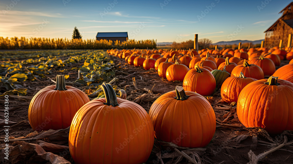 pumpkins on a pumpkin patch farm autumn fall festival with lights  - obrazy, fototapety, plakaty 