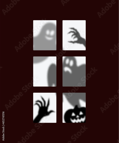 Halloween window silhouettes of ghosts, spooky pumpkin and boo poltergeist for holiday, vector cartoon monsters. Halloween horror night ghosts with scary faces and zombie hand silhouette in window