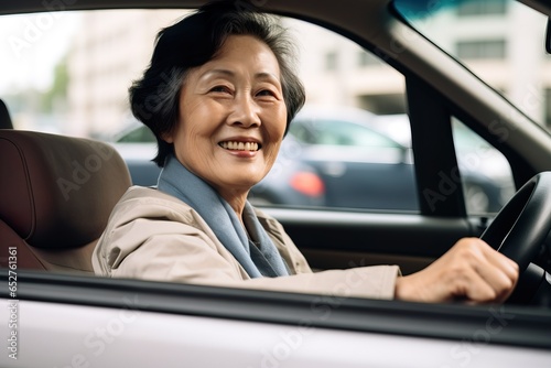  Smiling Asian Woman Behind the Wheel of a Car. Generative AI