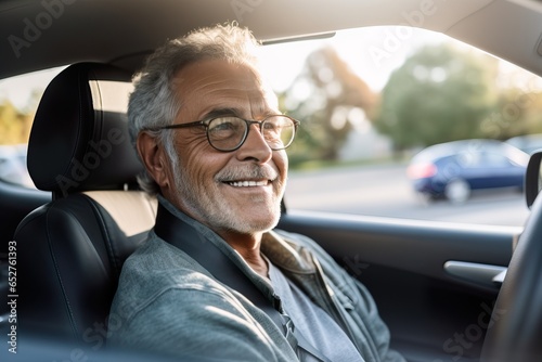 Smiling Caucasian Man Behind the Wheel of a Car. Generative AI