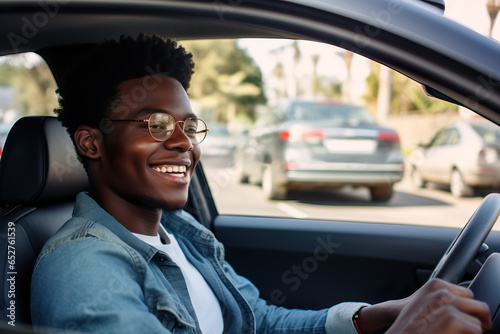  Smiling Young African Man Behind the Wheel of a Car. Generative AI © Dangubic