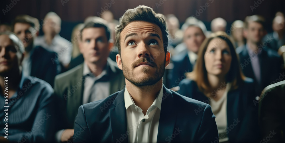 Portrait of an insanely surprised young businessman with colleagues at the presentation. Portrait of an insanely surprised young businessman with colleagues at the presentation.