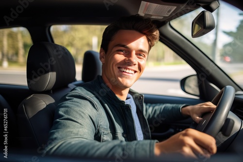 Smiling Young Caucasian Man Behind the Wheel of a Car. Generative AI © Dangubic