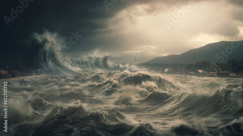 Giant tsunami waves, dark stormy sky, Tornado. Huge waves Tsunami Big waves. Apocalyptic concept. Generative Ai