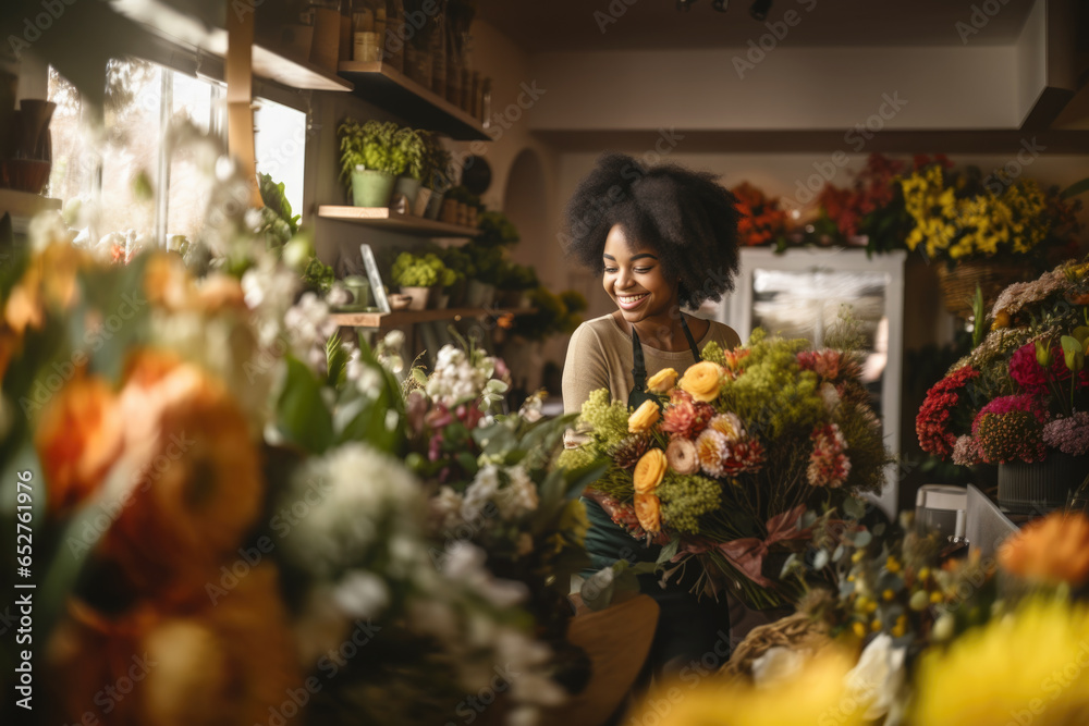 Smiling African American woman florist arranging a beautiful bouquet of flowers in a flower shop