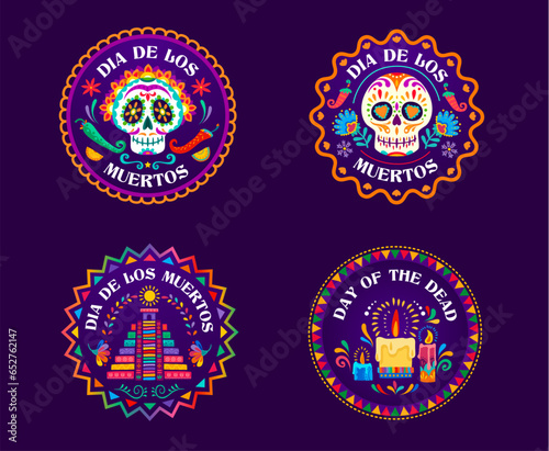 Day of the Dead Dia De Los Muertos mexican holiday circle labels and banners. Vector calavera sugar skulls, candles and aztec pyramid, cartoon flowers and peppers round tags with latin ornament