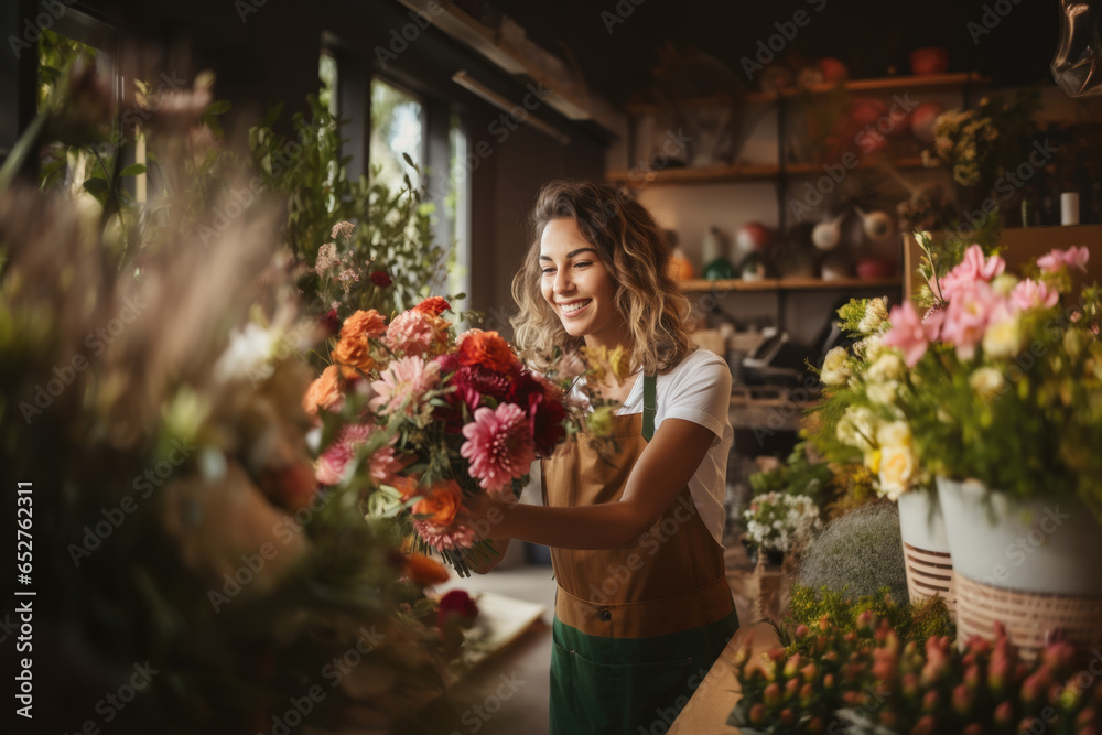 Smiling woman florist arranging a beautiful bouquet of flowers in a flower shop