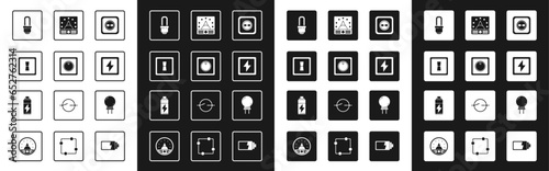 Set Electrical outlet, light switch, LED bulb, Lightning bolt, Ampere meter, multimeter, voltmeter, emitting diode and Battery icon. Vector