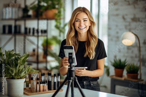 Beautiful smiling female blogger promoting using a phone with tripod and shooting a video for her blog,  Generated AI photo