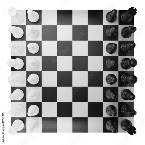 Chess board and chess piece top view clipart flat design icon isolated on transparent background, 3D render chess and board game concept