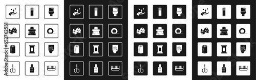 Set Toilet bowl, Handle broom, Sponge, Washing hands with soap, Dental floss, Shaving gel foam, Cleaning service and Paper towel roll icon. Vector