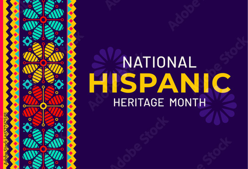National hispanic heritage month festival banner with ethnic ornament and flowers. Vector event announcement for celebrating traditional latin festival, fostering sense of unity and cultural pride