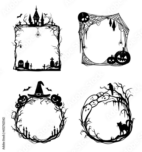 Halloween holiday black frames. Isolated vector scary borders with creepy pumpkin faces, skulls, spiderweb and witch hat, black cat, crows or bats and cemetery, tree branches, castle silhouettes