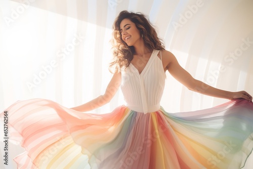 a young woman's moment of joy. Dressed in a flowy sun dress, she twirls gracefully with hands outstretched, set against the soft hues of a pastel rainbow gradient, embodying freedom and happiness. photo