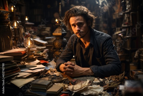 Wallpaper Mural Writer surrounded by books and manuscripts, deep in thought, Generative AI. Torontodigital.ca