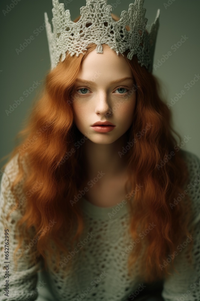 Beautiful woman wearing a green knitting dress and a knitted crown.