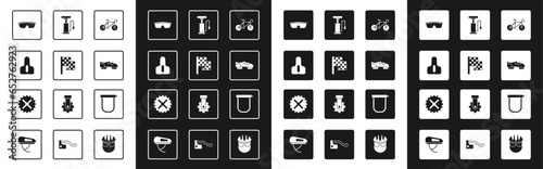 Set Bicycle, Checkered flag, seat, Sport cycling sunglasses, shoes, air pump, lock and sprocket crank icon. Vector
