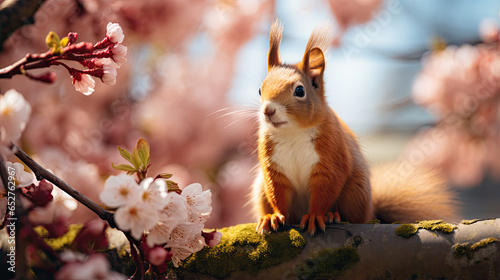 Red squirrel perched on a tree in a springtime park. © Ziyan Yang