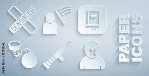 Set Police rubber baton, Law book, Ball chain, Censor and freedom of speech, beat human and Censored stamp icon. Vector