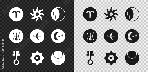 Set Aries zodiac, Sun, Eclipse of the sun, Old magic key, Falling star, Neptune planet, Symbol Uranus and Sagittarius icon. Vector