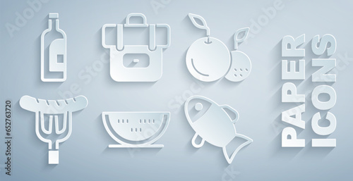 Set Watermelon, Fruit, Sausage the fork, Fish, Hiking backpack and Bottle of wine icon. Vector
