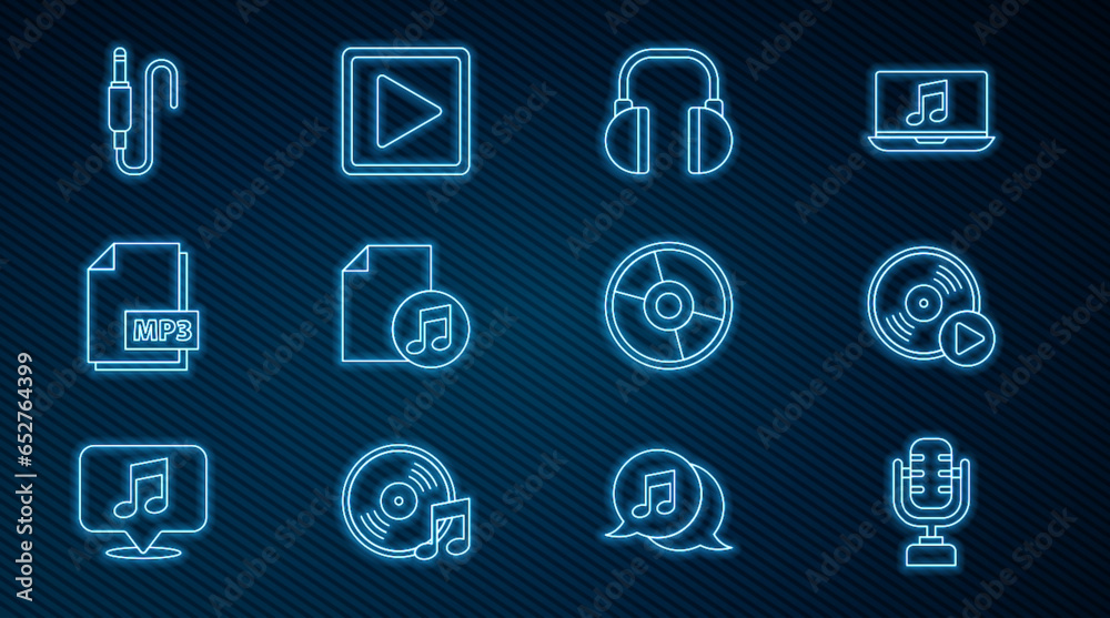 Set line Microphone, Vinyl disk, Headphones, Music book with note, MP3 file document, Audio jack, CD or DVD and Play square icon. Vector Set line Microphone, Vinyl disk, Headphones, Music book with note, MP3 file document, Audio jack, CD or DVD and Play square icon. Vector