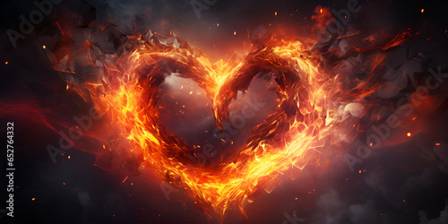 A burning heart is shown with the word love on it. Heart made of fire and flame Abstract heart with flame and water combined stock photo generative ai
