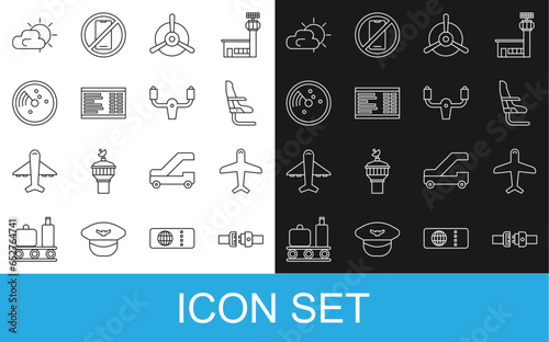 Set line Safety belt, Plane, Airplane seat, propeller, Airport board, Radar with targets on monitor, Sun and cloud weather and Aircraft steering helm icon. Vector
