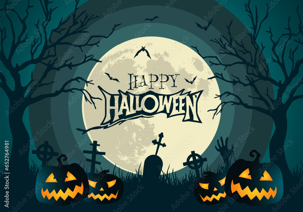 Happy halloween banner or party invitation Background with glowing pumpkins full moon and halloween text
