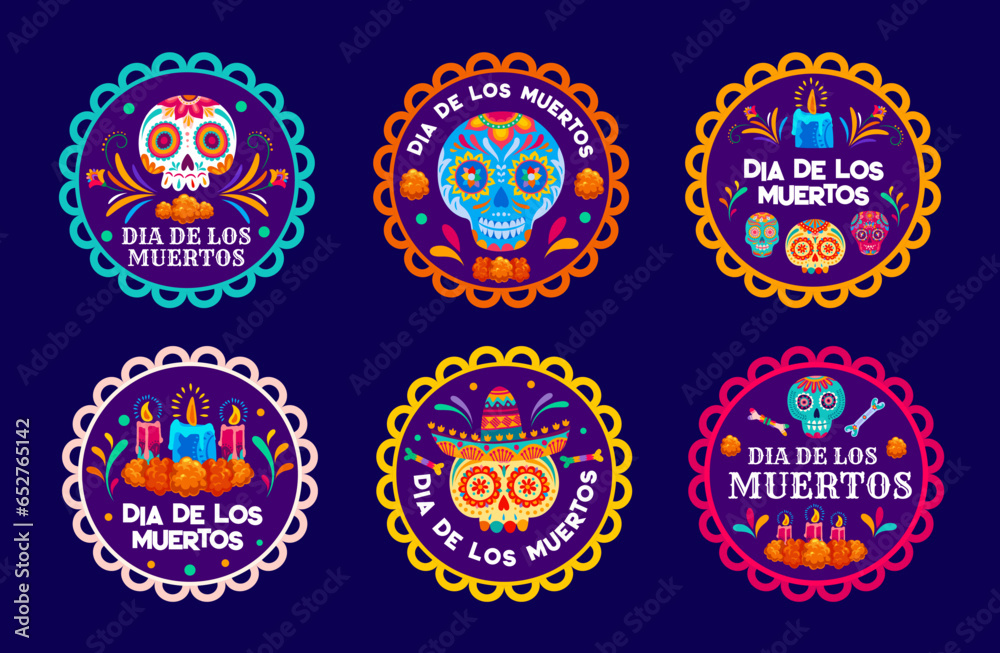 Day of the Dead mexican holiday labels, Dia De Los Muertos circle tags. Cartoon sugar skulls, candles and marigold flowers vector round badges with ethnic floral pattern, Mexico Halloween banners set